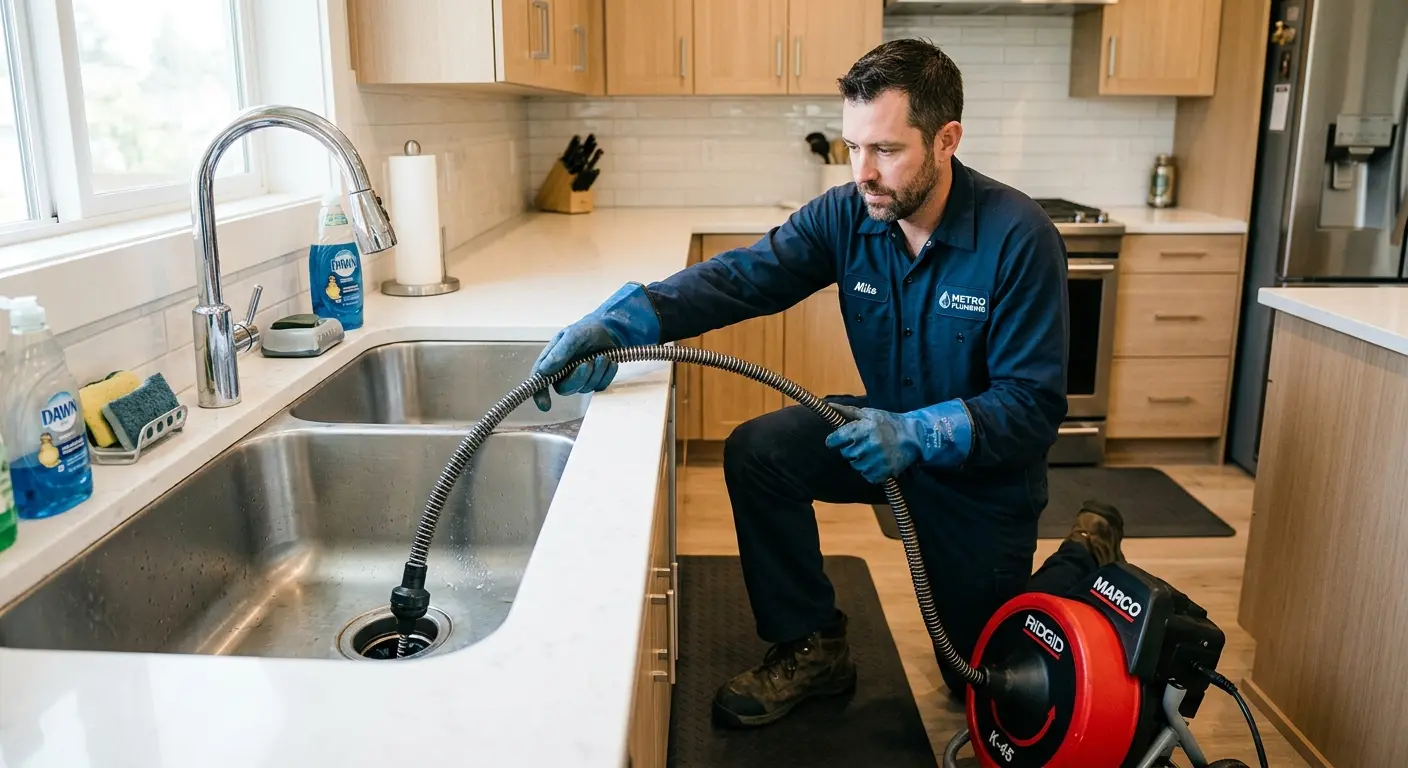 Drain cleaning technician using a motorized snake on a kitchen sink in Plymouth