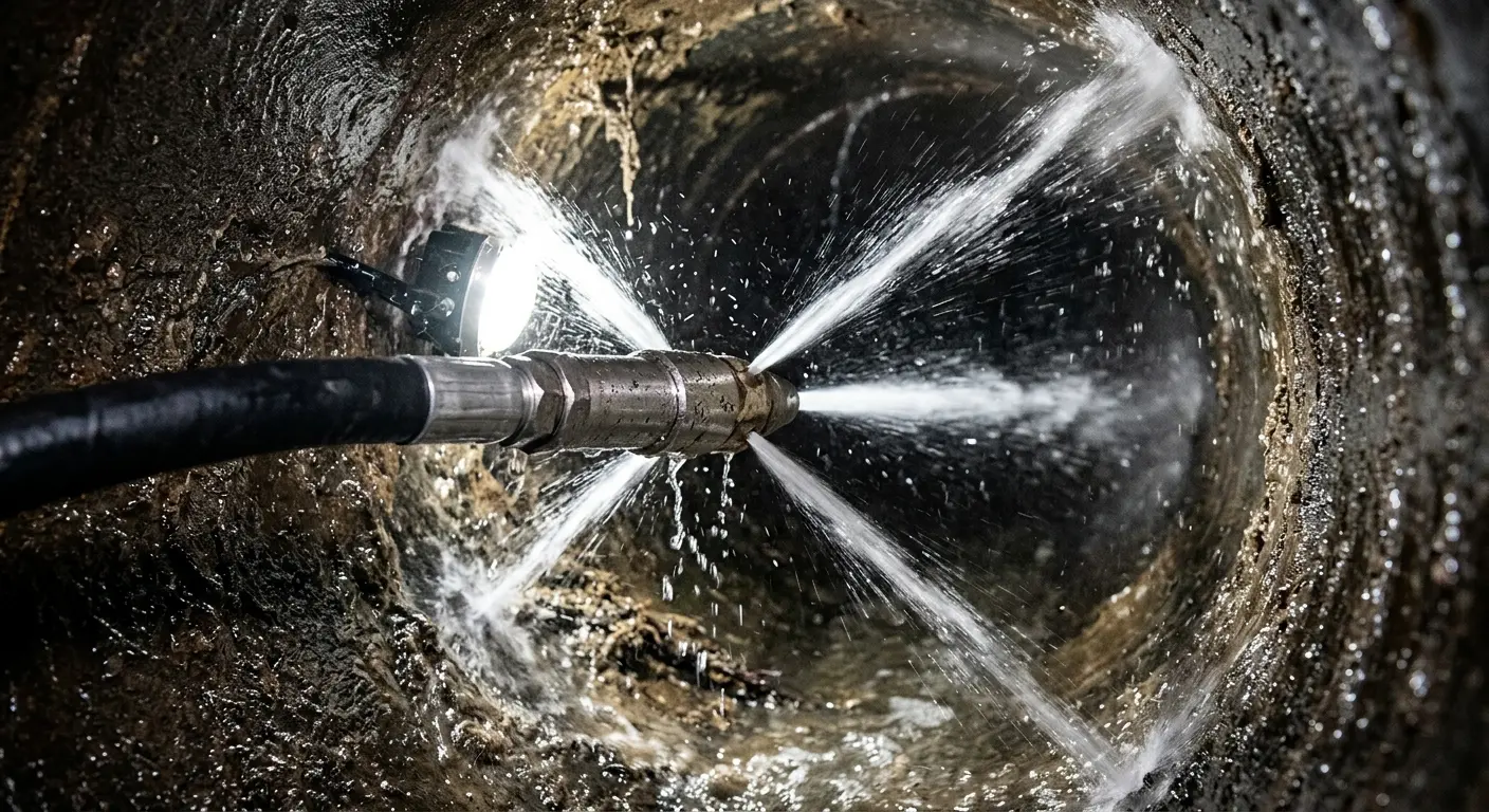 High-pressure hydro jetting nozzle cleaning sewer pipe for Trenchless Sewer Repair in Plymouth