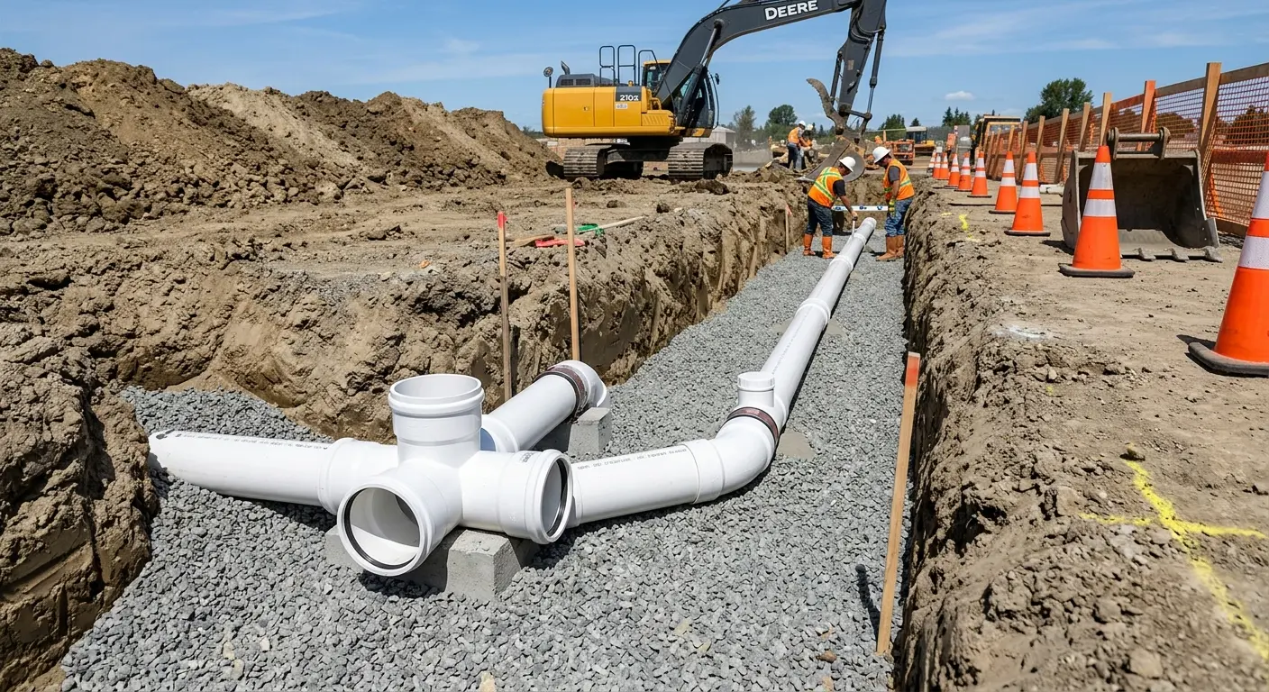 New PVC sewer pipe installation in open trench for Commercial Drain Cleaning in Plymouth